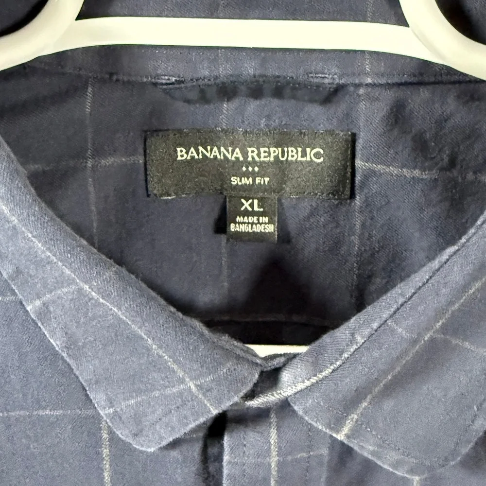 Banana Republic Mens XL Slim Fit Navy Blue Windowpane Cotton Button Down Shirt